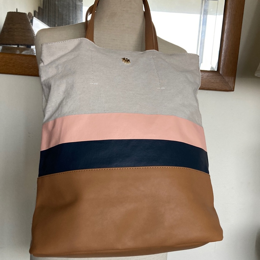 Mark & Hall Tan Black and Pink Linen Tote